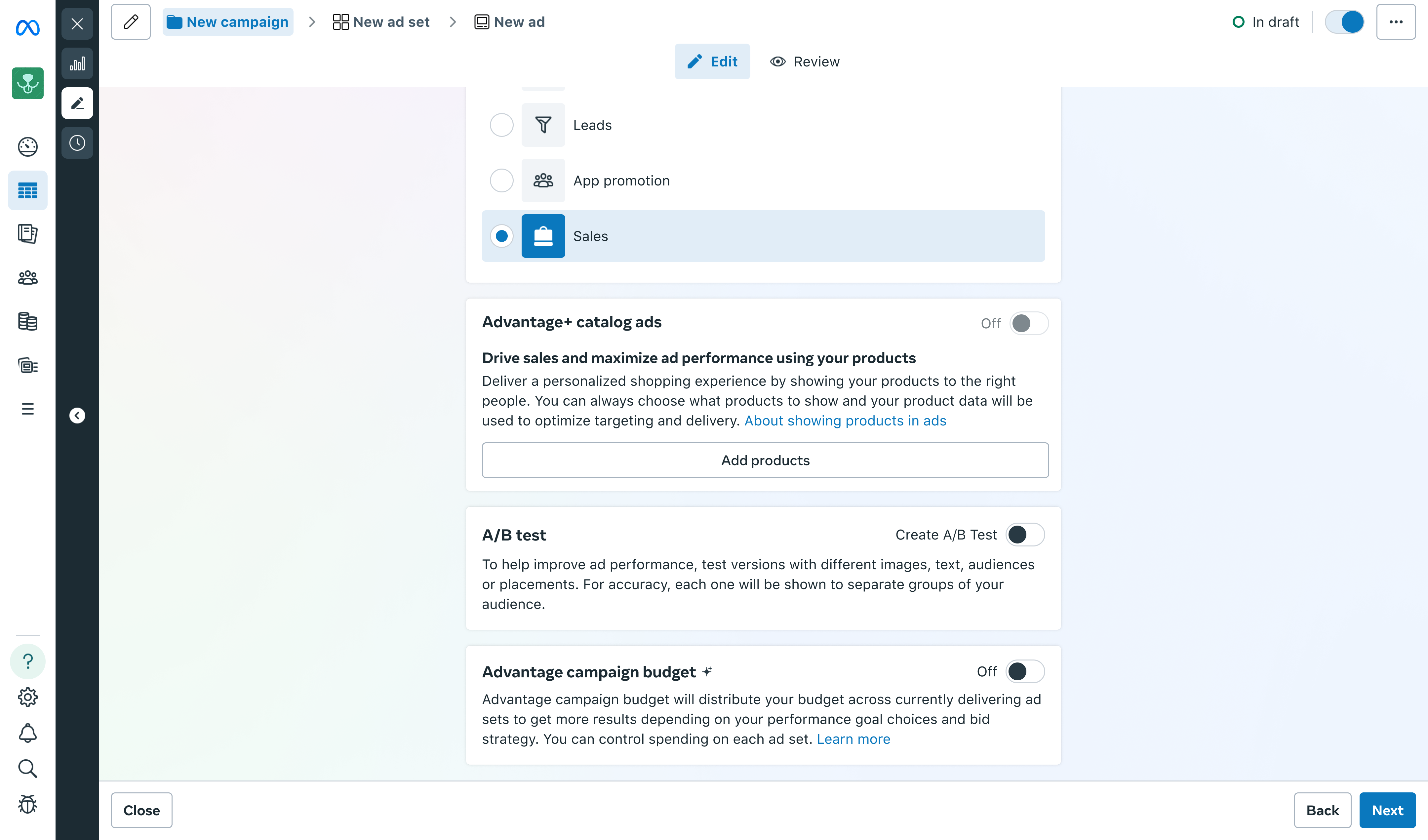 Catalog Selector before redesign: generic campaign creation flow with no catalog visibility or access controls