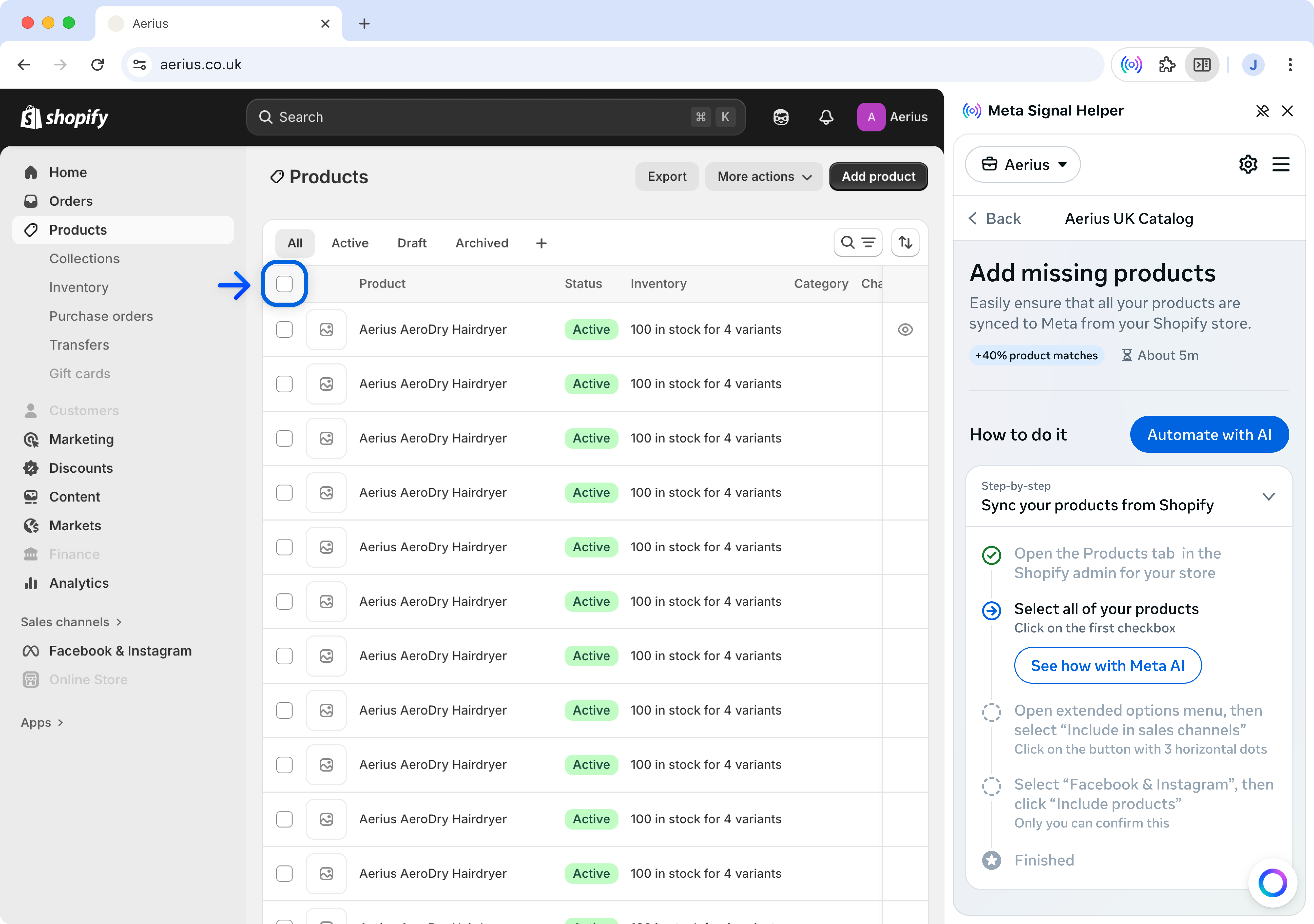 Meta Signal Helper showing step-by-step Catalog sync guidance alongside Shopify’s product admin