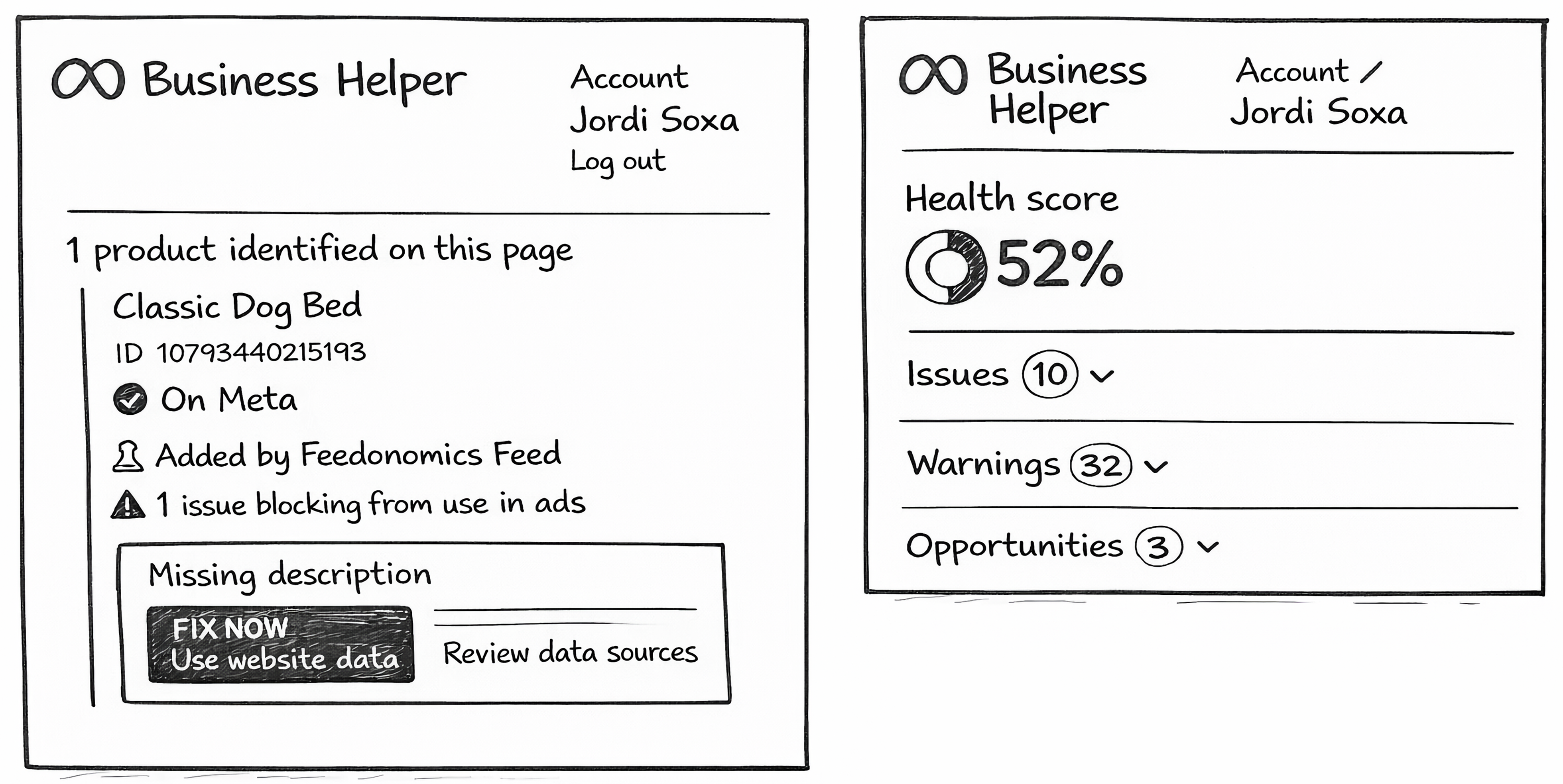 Early sketched wireframes of the Meta Business Helper extension